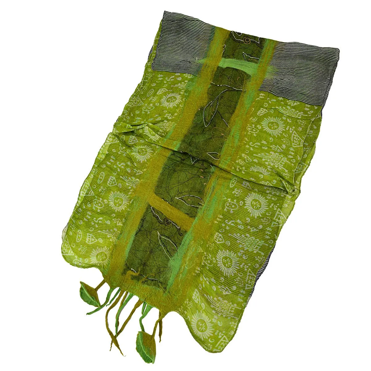 Green Felt and Saree Vintage Scarves with Flower Hanging