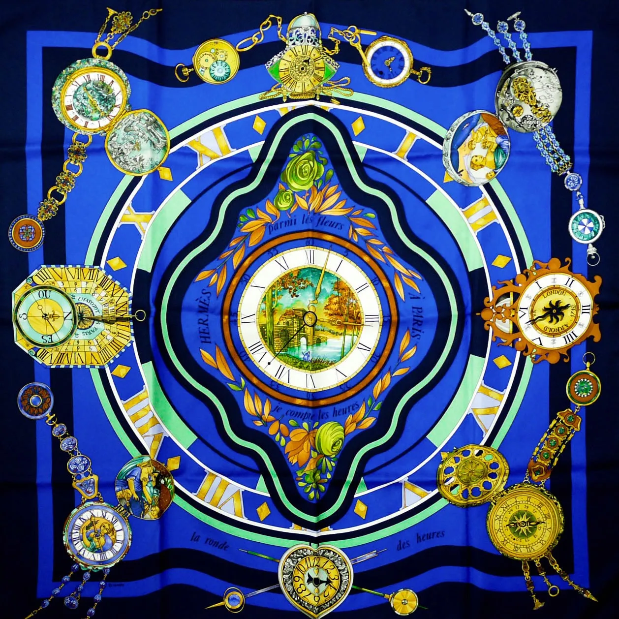 Hermes Silk Scarf La Ronde des Heures Loïc Dubigeon 1986 Blue