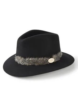 Hicks And Brown T Suffolk Fedora Black Guinea Feather Black and White Wrap HBSW2BL