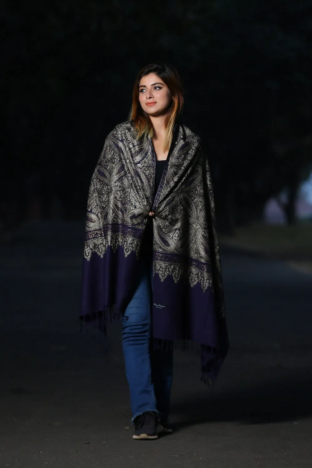 INDIGO BLUE COLOUR KASHMIRI STOLE WITH CLASSY SWAROVSKI WORK DEFINES FEMINISM AND ENHANCES SOPHISTICATION