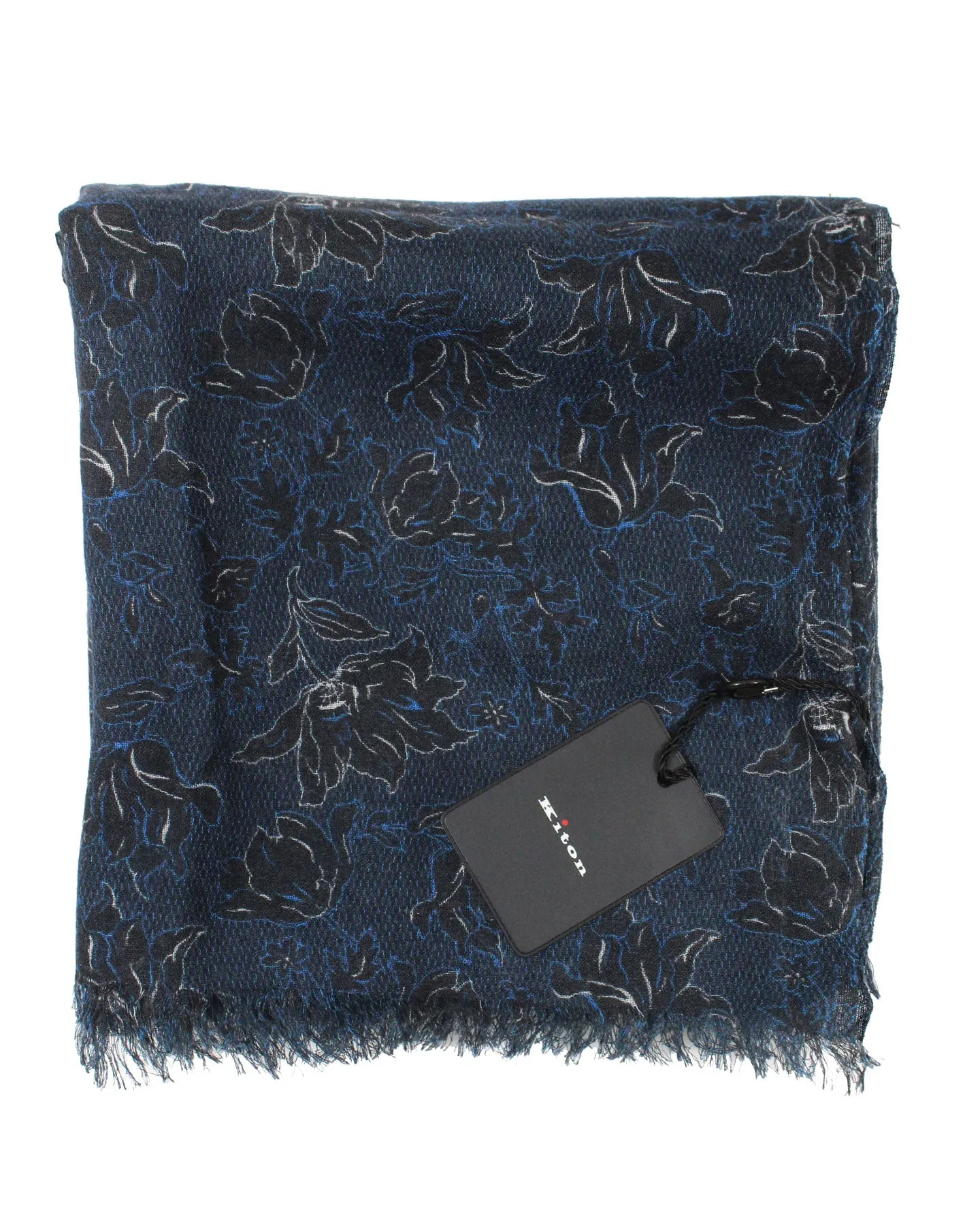 Kiton Scarf Black Royal Blue Floral Design - Luxury Cashmere Silk Shawl