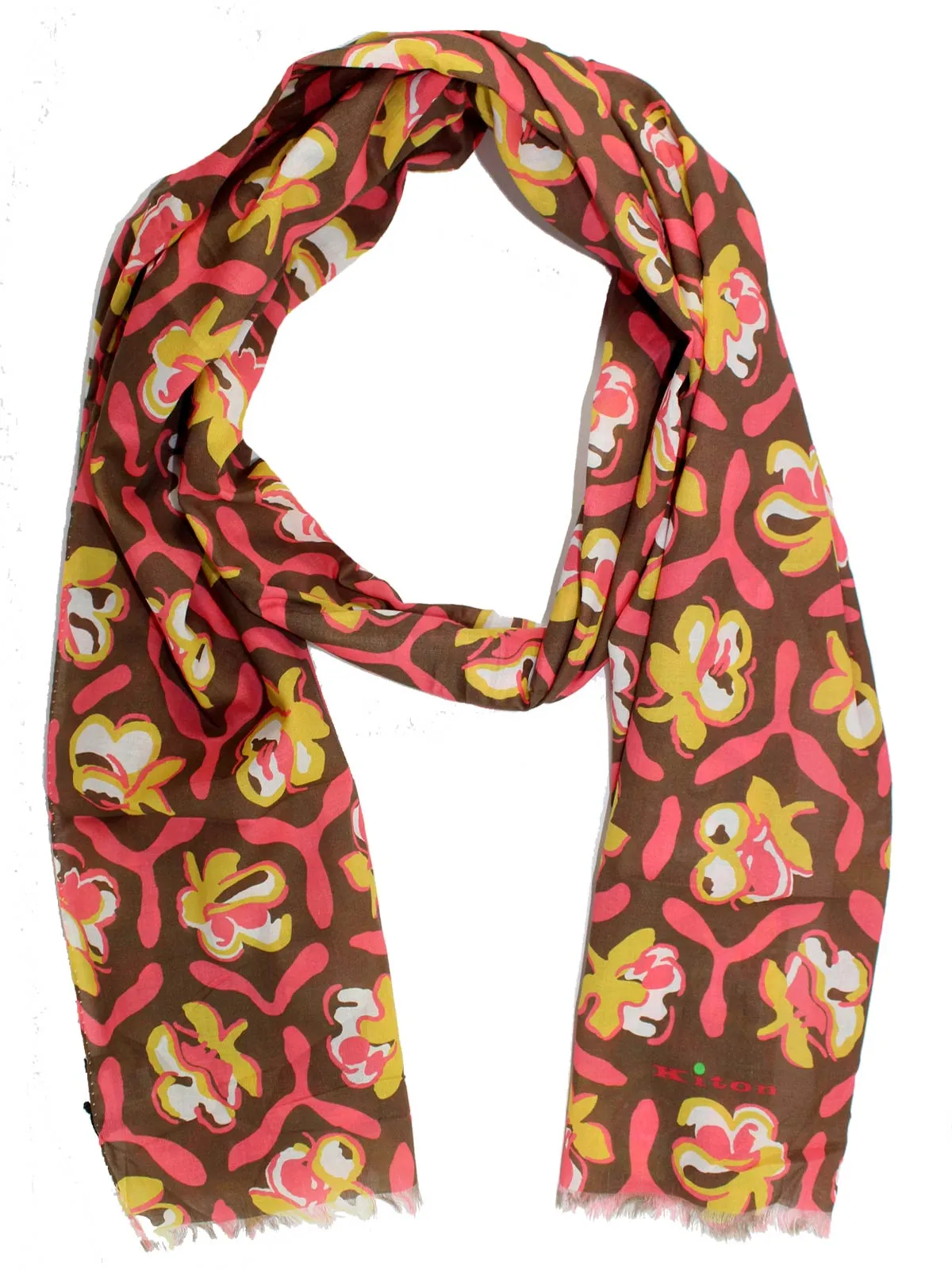 Kiton Scarf Brown Pink Floral - Cotton Shawl FINAL SALE