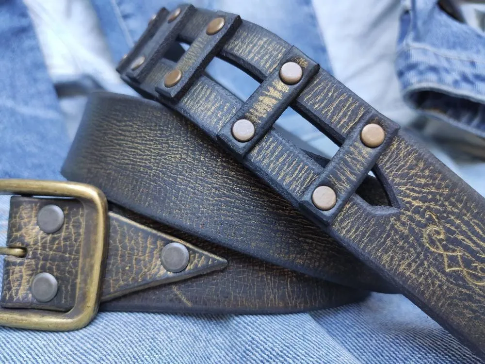 Leather Belt with Gold Wash Womens Custom Fashion Accessory for Men  Black Buckle Belt