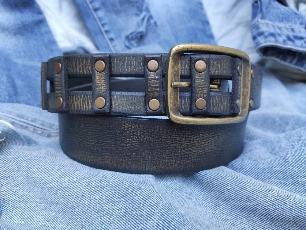 Leather Belt with Gold Wash Womens Custom Fashion Accessory for Men  Black Buckle Belt