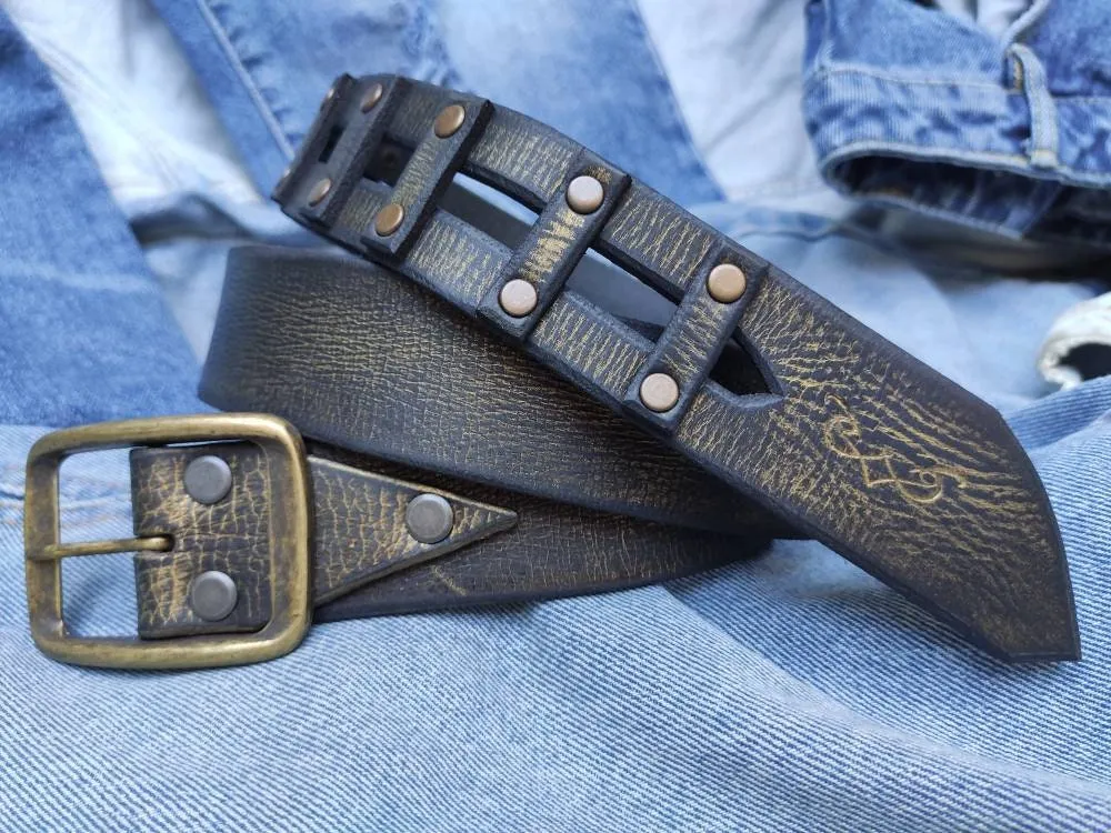 Leather Belt with Gold Wash Womens Custom Fashion Accessory for Men  Black Buckle Belt