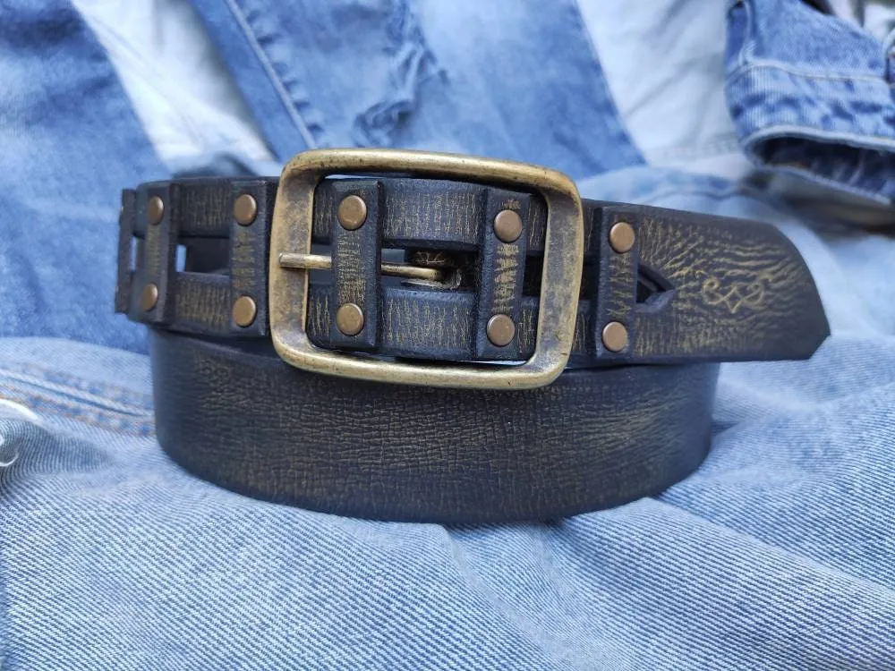 Leather Belt with Gold Wash Womens Custom Fashion Accessory for Men  Black Buckle Belt