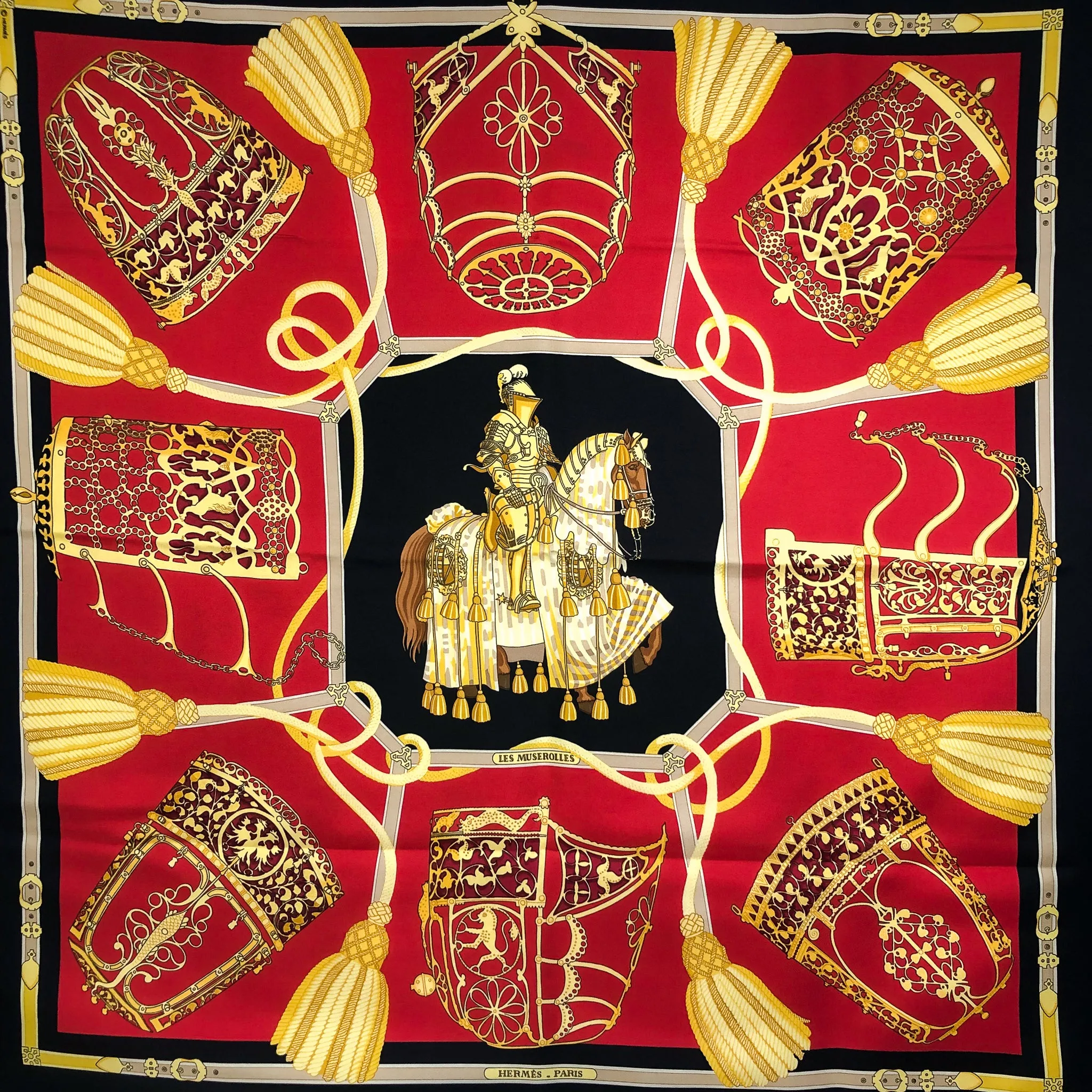 Les Muserolles Hermes Scarf by Christiane Vauzelles 90cm Silk Red & Black