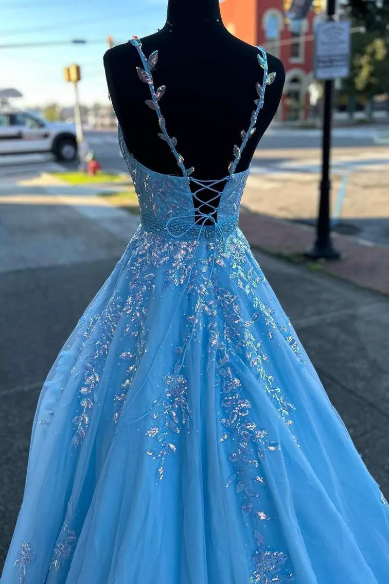 Light Blue Appliques V-Neck Belted A-Line Prom Dress