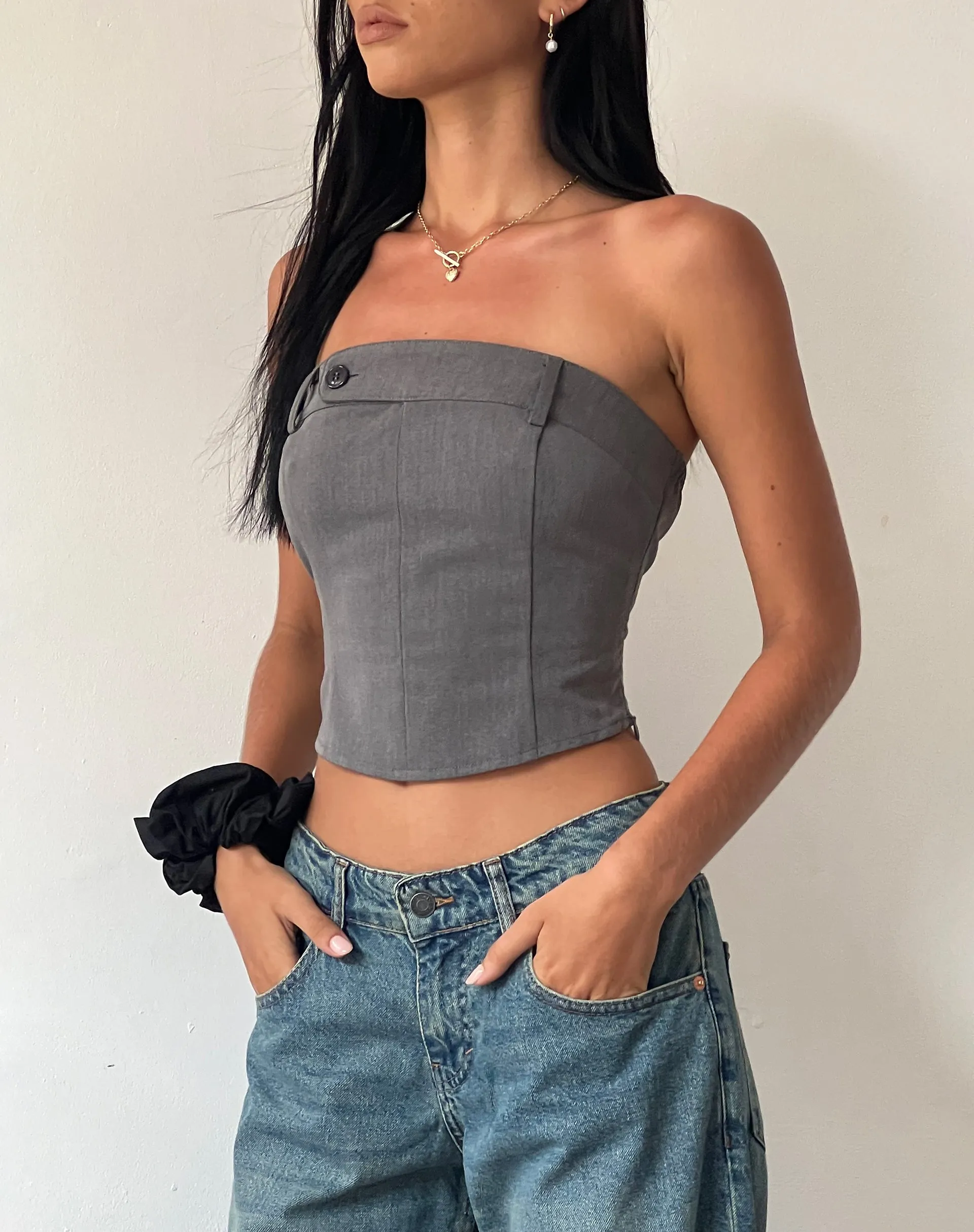 Manaf Belt Detail Corset Top in Tailoring Charcoal