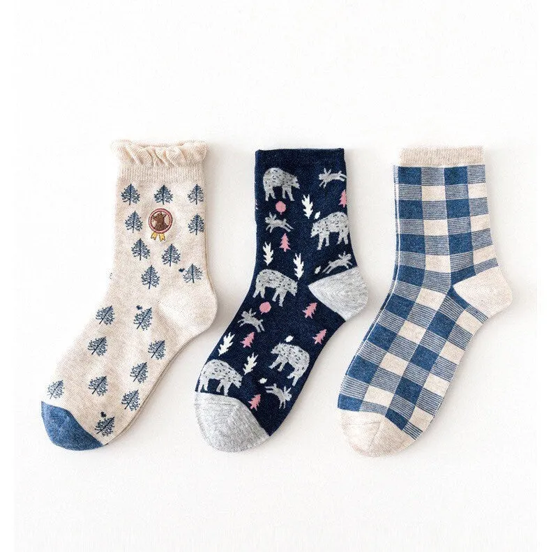 Miss June’s | Set of 3 pairs cotton socks; Cute | Animals | Cool | Patterned | Designed | Women | Gift Idea | Casual | Stylish | Comfortable