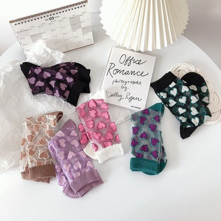 Miss June’s | Women’s Glass Silk-like Transparent socks | Cute | Colorful | Summer | Patterned | Gift Idea | Casual | Comfortable | Heart |