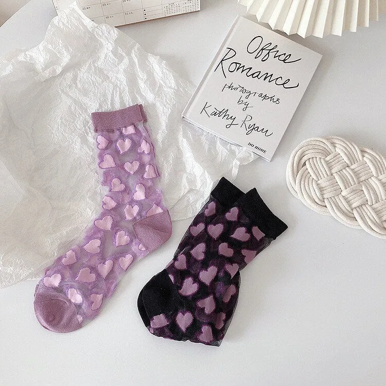 Miss June’s | Women’s Glass Silk-like Transparent socks | Cute | Colorful | Summer | Patterned | Gift Idea | Casual | Comfortable | Heart |