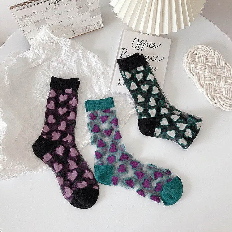 Miss June’s | Women’s Glass Silk-like Transparent socks | Cute | Colorful | Summer | Patterned | Gift Idea | Casual | Comfortable | Heart |