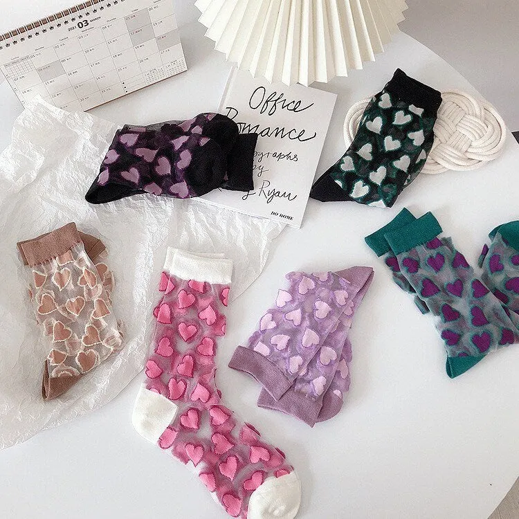 Miss June’s | Women’s Glass Silk-like Transparent socks | Cute | Colorful | Summer | Patterned | Gift Idea | Casual | Comfortable | Heart |