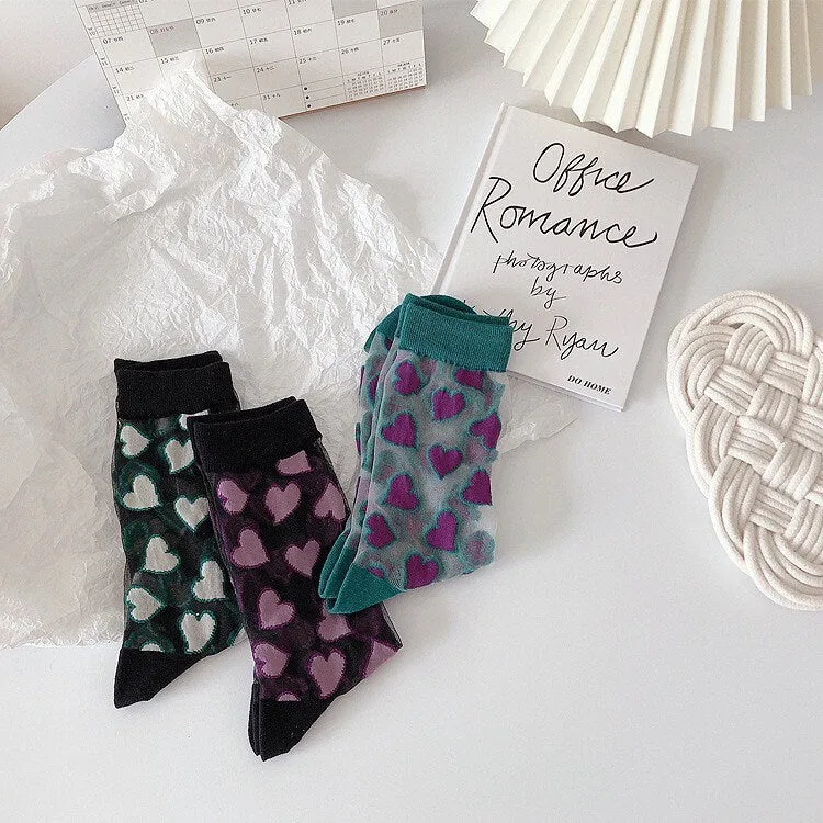 Miss June’s | Women’s Glass Silk-like Transparent socks | Cute | Colorful | Summer | Patterned | Gift Idea | Casual | Comfortable | Heart |