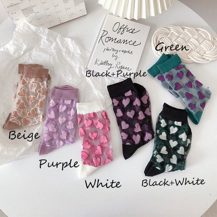 Miss June’s | Women’s Glass Silk-like Transparent socks | Cute | Colorful | Summer | Patterned | Gift Idea | Casual | Comfortable | Heart |