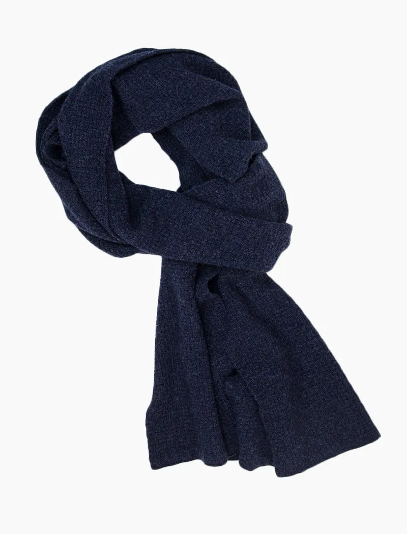 Navy Basket Weave Knitted Wool & Cashmere Scarf