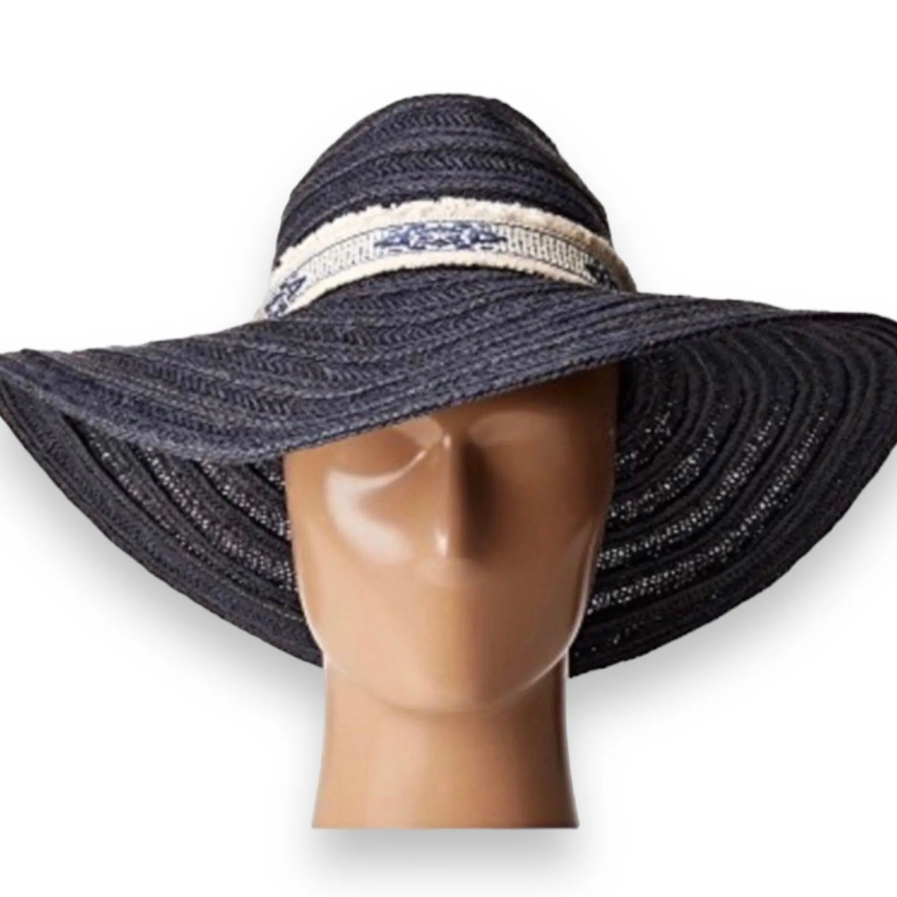 Navy Blue Wide Brim Straw Sun Hat