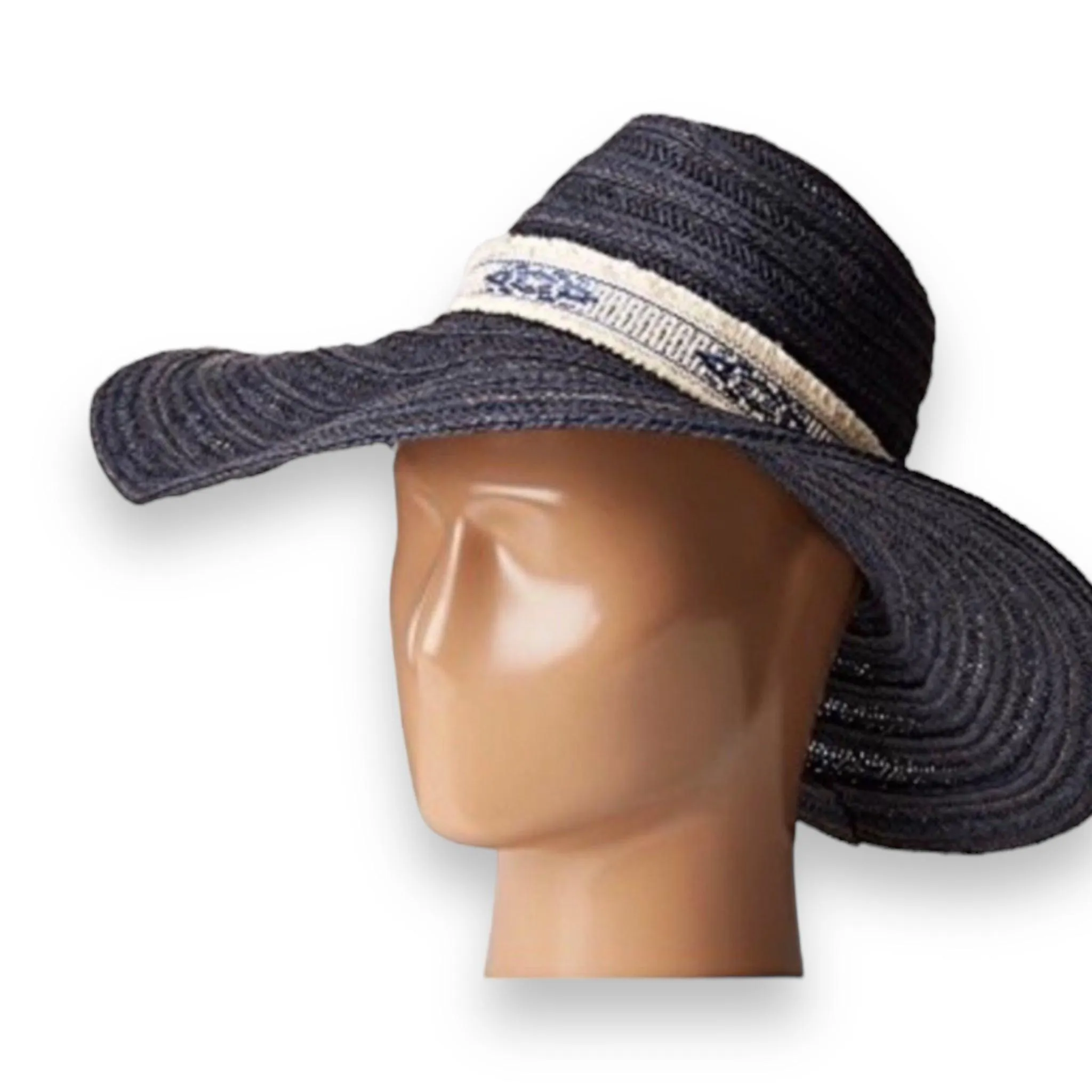 Navy Blue Wide Brim Straw Sun Hat