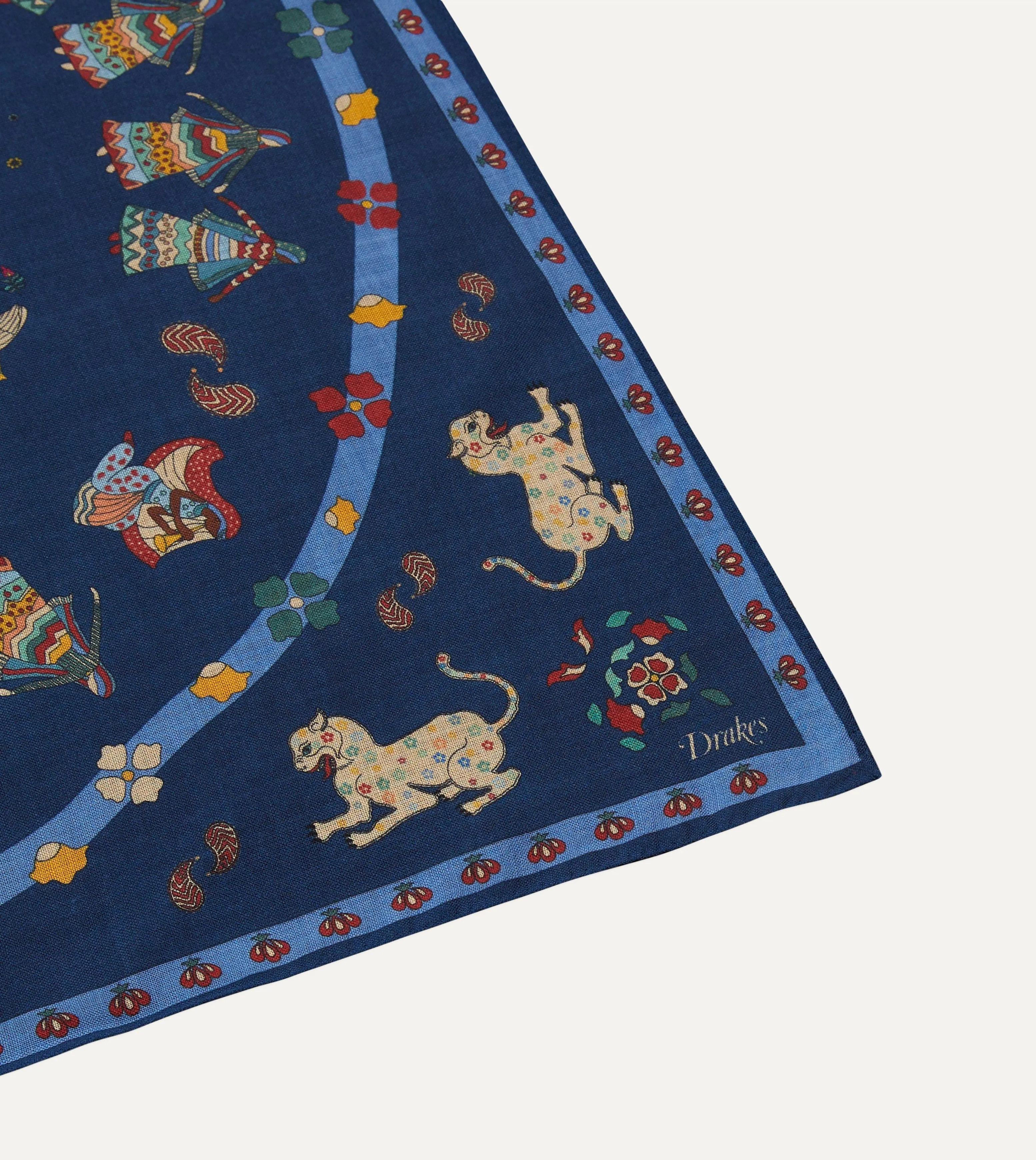 Navy Mughal Leopards Print Wool-Silk Bandana