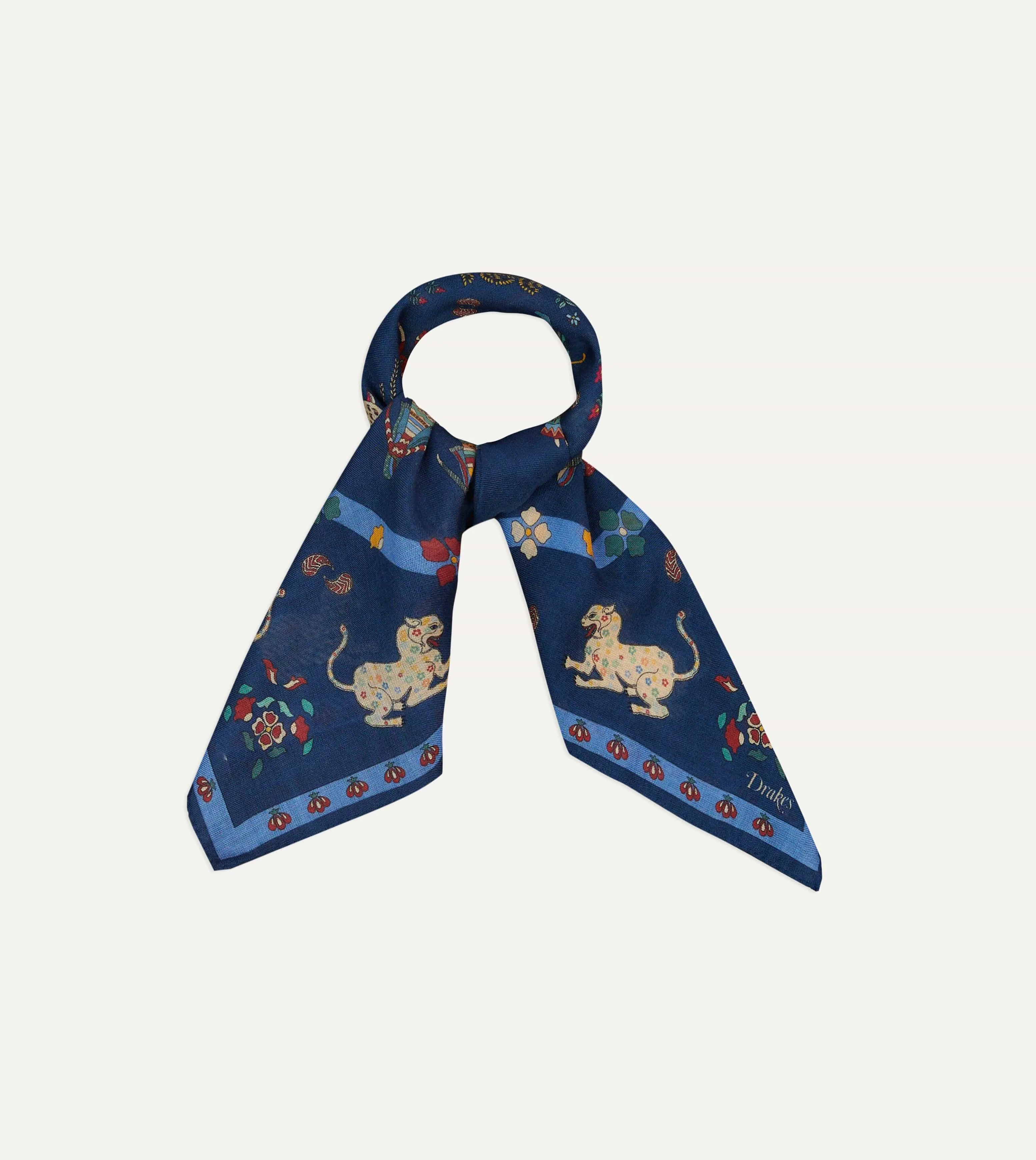 Navy Mughal Leopards Print Wool-Silk Bandana