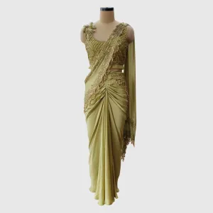 Parrot Green Belted Pre-Draped Saree Set