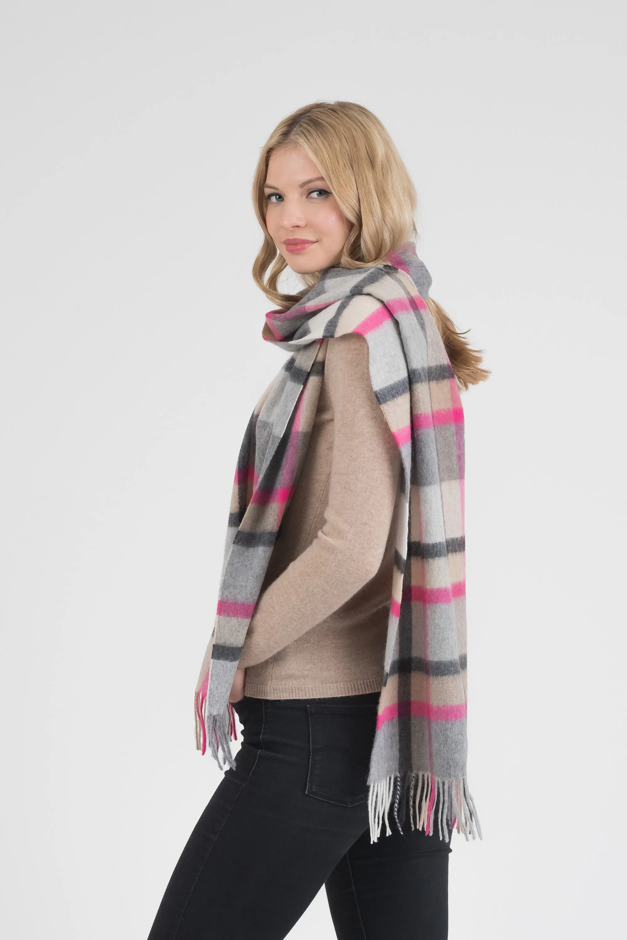 Princeton Check Cashmere Wide Scarf - Pink