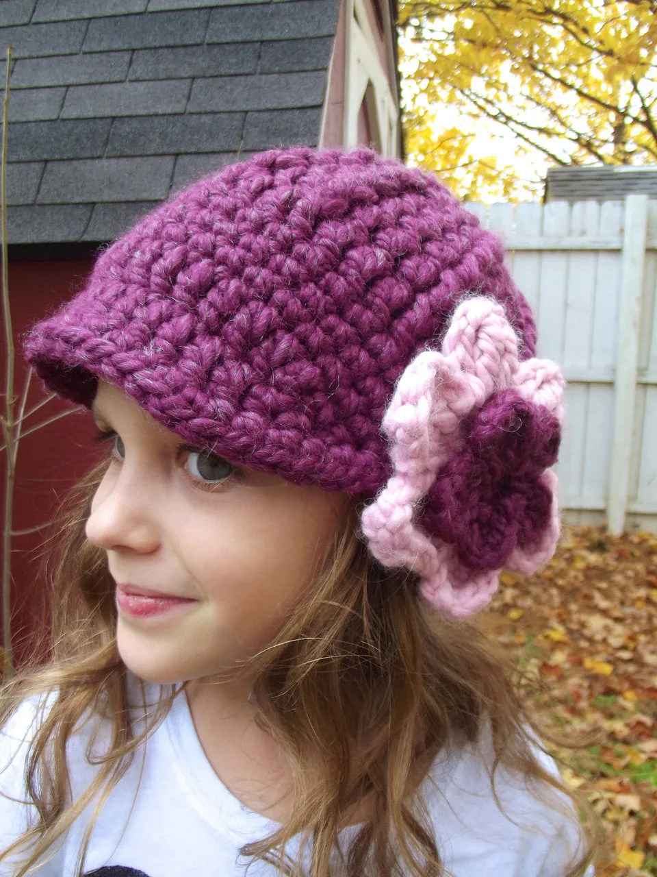 Purple plum & bubblegum pink flower beanie winter hat