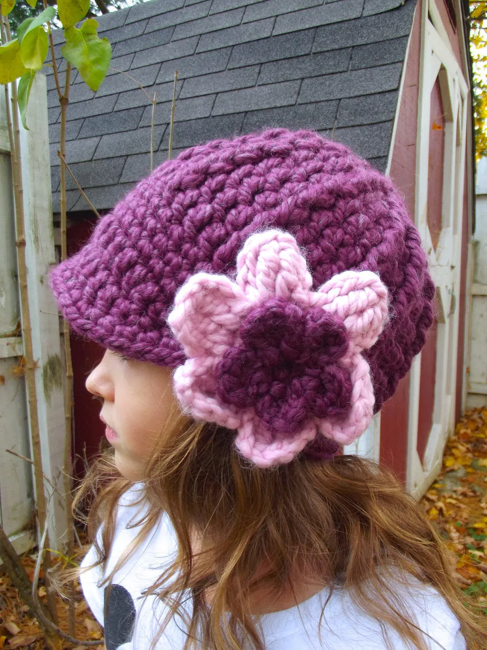 Purple plum & bubblegum pink flower beanie winter hat