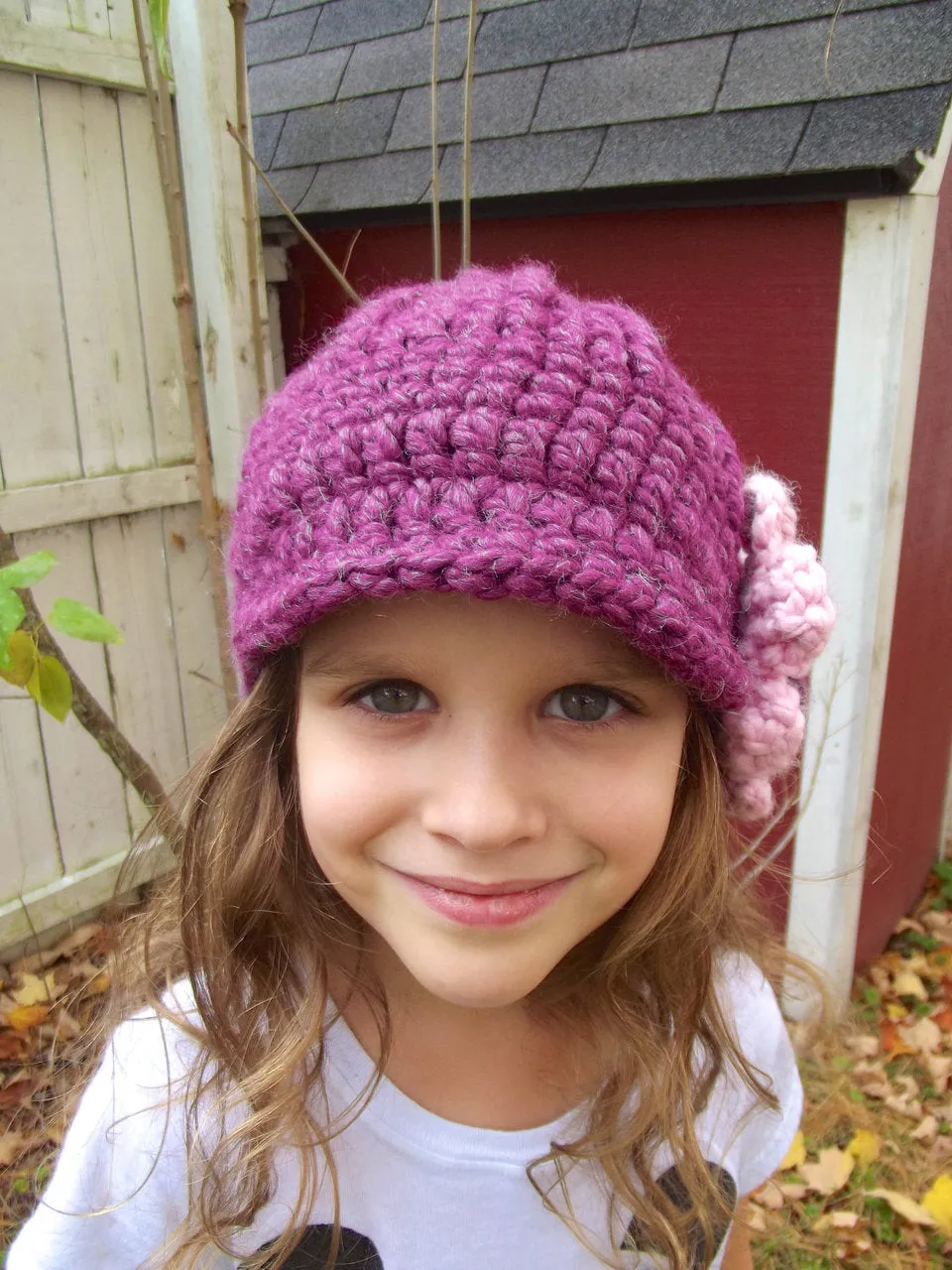 Purple plum & bubblegum pink flower beanie winter hat