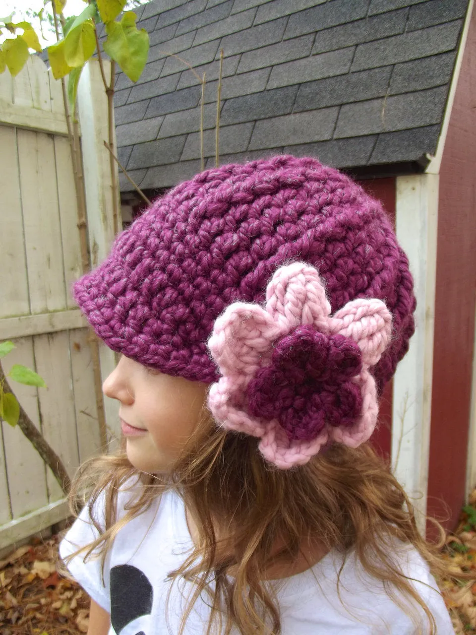 Purple plum & bubblegum pink flower beanie winter hat