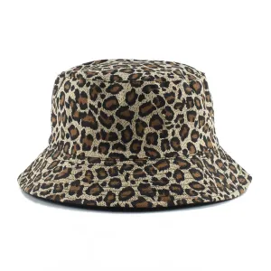 Reversible Leopard Print Bucket Hat Cotton Panama Outdoor Sun Cap