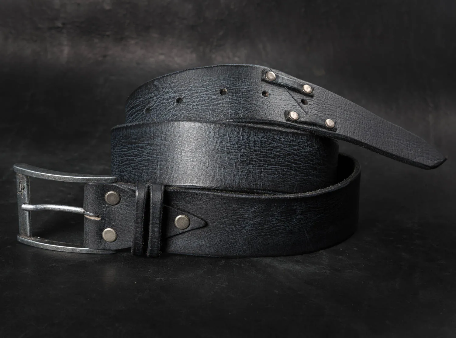 Rustic Black Leather Mens Belt - Wide Buckle Artisan Design - Unique and Stylish Mens Apparel and Accessory - Rocker Style