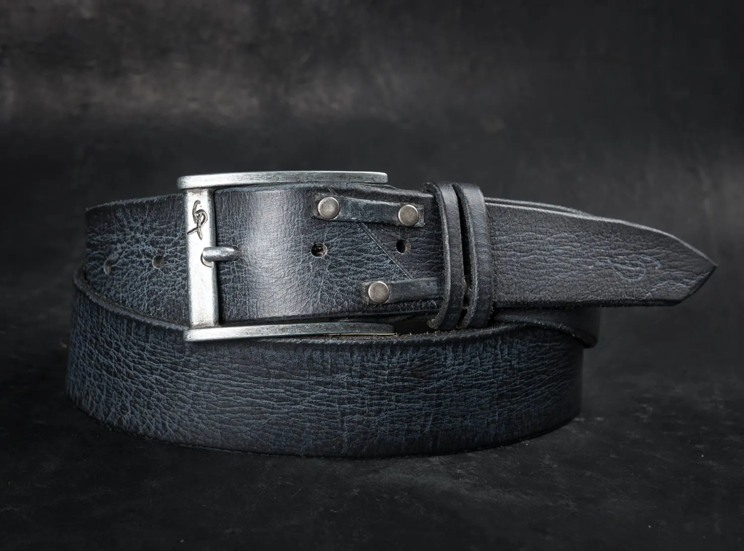 Rustic Black Leather Mens Belt - Wide Buckle Artisan Design - Unique and Stylish Mens Apparel and Accessory - Rocker Style