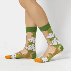 Sheer, Colourful, White Daisy Patterned Socks