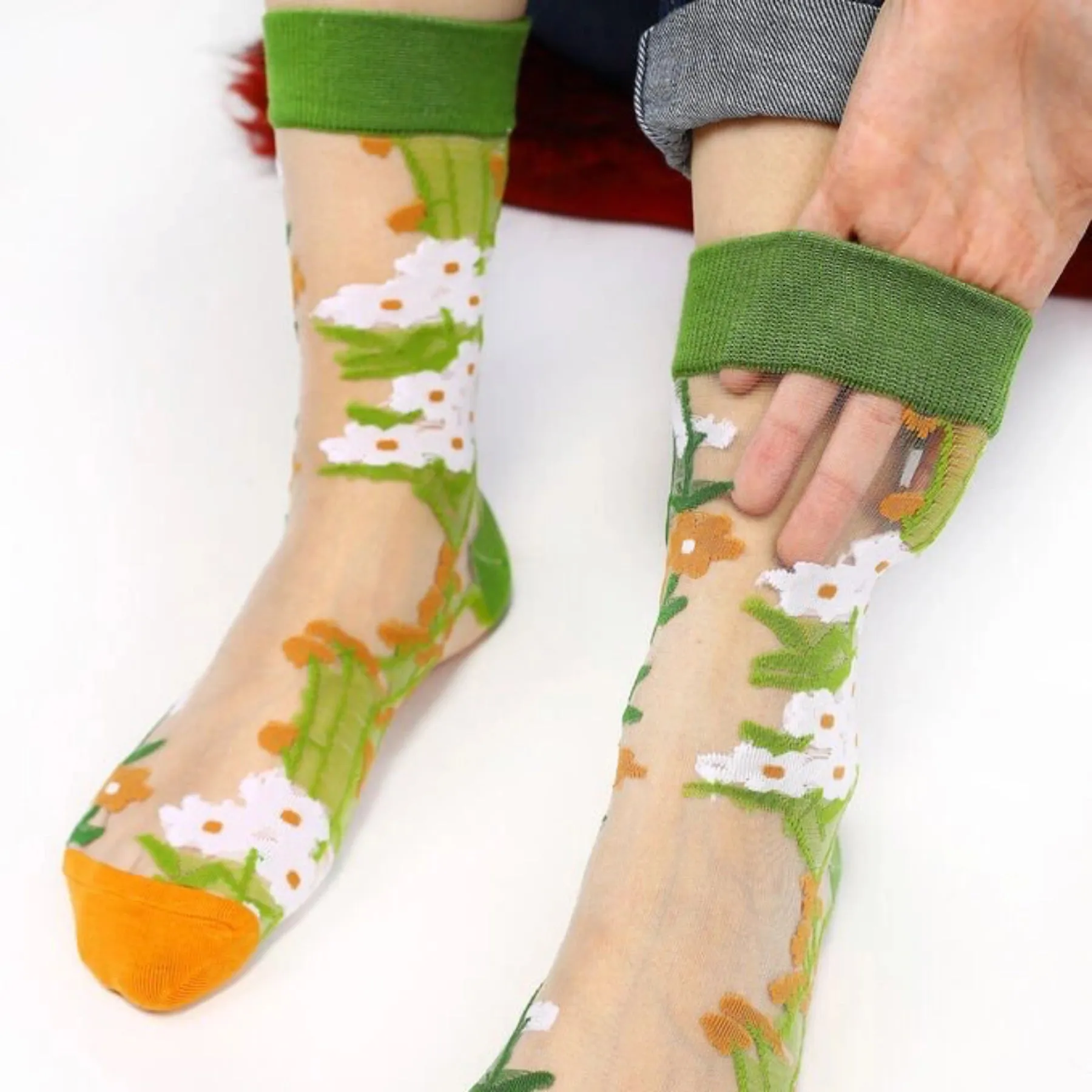 Sheer, Colourful, White Daisy Patterned Socks