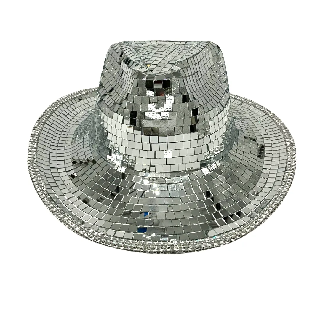 Silver Mirror Rhinestone Wide Brim Fedora Hat (Each)