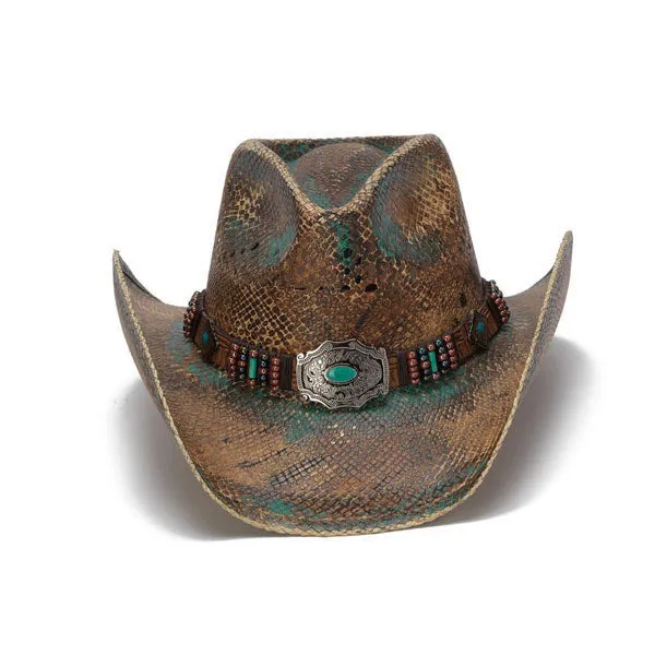 Stampede Hats - Blue Stained Straw Cowboy Hat with Beadwork and Turquoise