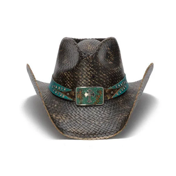 Stampede Hats - Distressed Black Cowboy Hat with Turquoise Band and Rhinestones