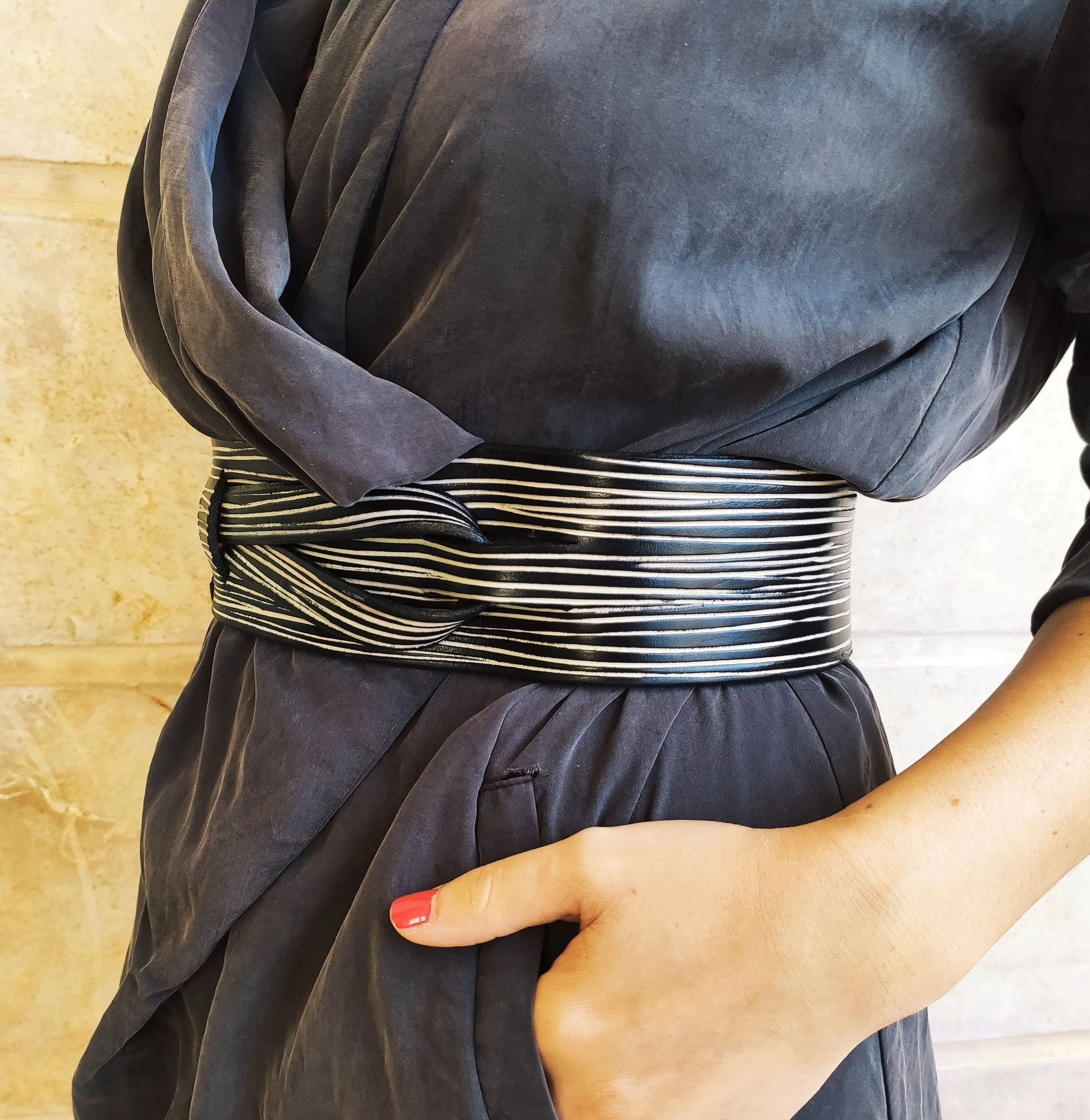 Stylish Black  White Leather Waist Belt - Handcrafted Womens Accessory - Unique Decorative Cord Closure