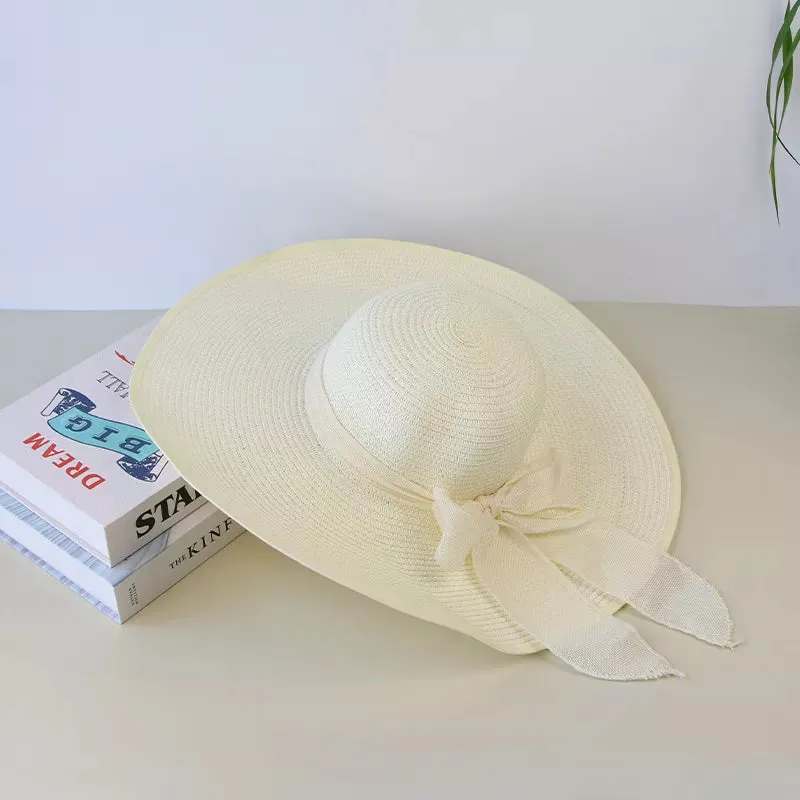 Summer Women Straw Hat Bowknot Wide Brim Floppy Panama Hats Female Lady Outdoor Foldable Beach Sun Protector