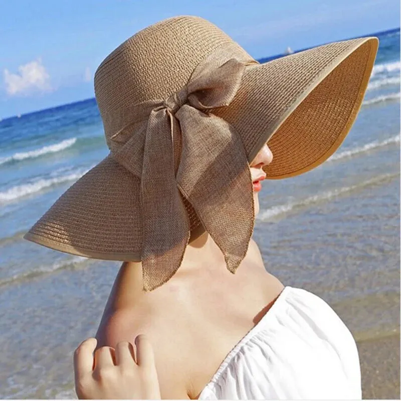 Summer Women Straw Hat Bowknot Wide Brim Floppy Panama Hats Female Lady Outdoor Foldable Beach Sun Protector