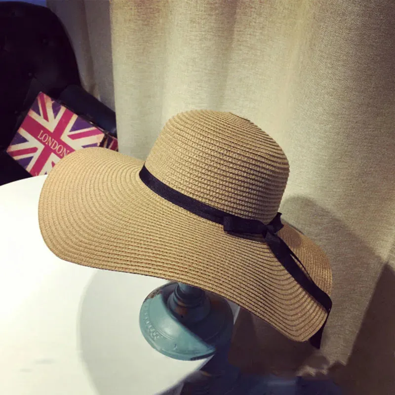 Summer Women Straw Hat Bowknot Wide Brim Floppy Panama Hats Female Lady Outdoor Foldable Beach Sun Protector