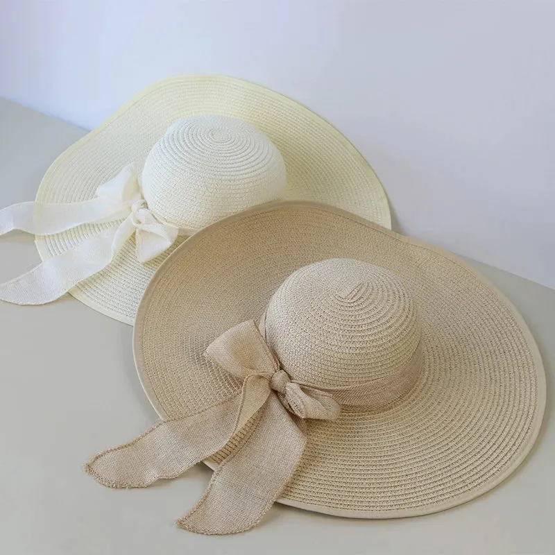 Summer Women Straw Hat Bowknot Wide Brim Floppy Panama Hats Female Lady Outdoor Foldable Beach Sun Protector