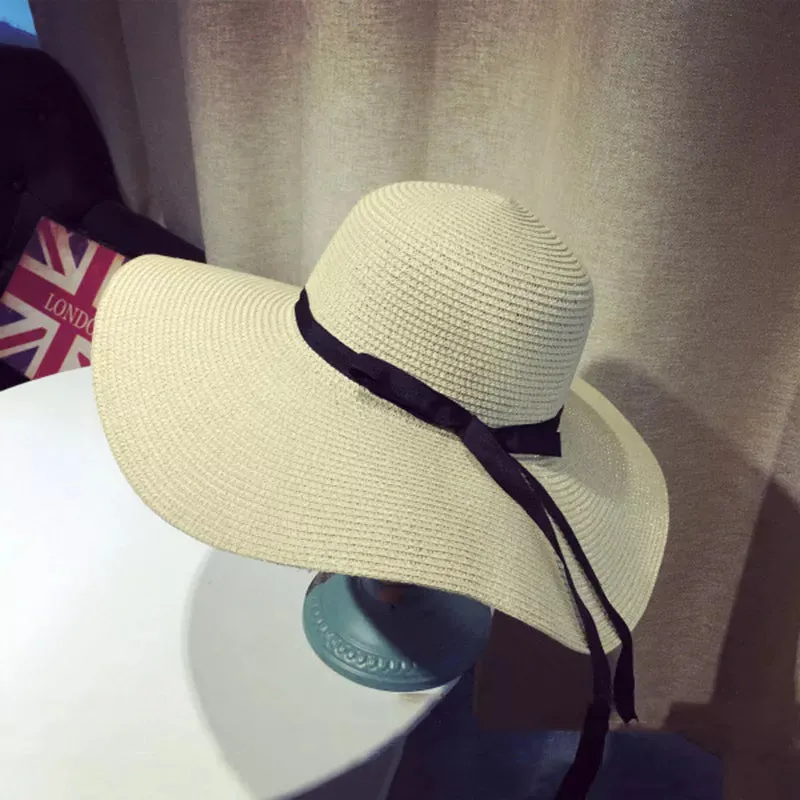 Summer Women Straw Hat Bowknot Wide Brim Floppy Panama Hats Female Lady Outdoor Foldable Beach Sun Protector