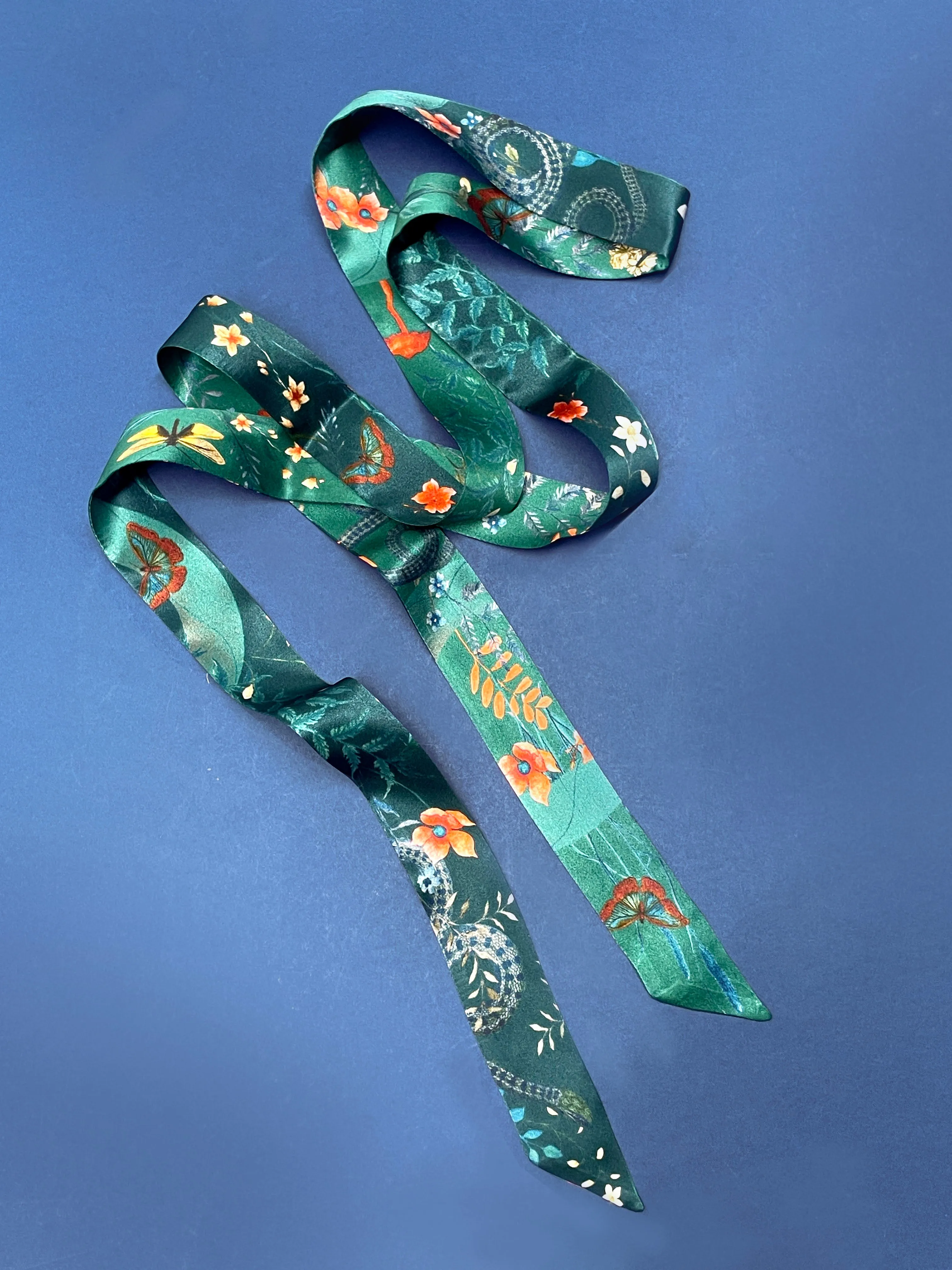 Teal Silk satin 'Morpho' Ultra Skinny silk scarf with butterflies and flowers