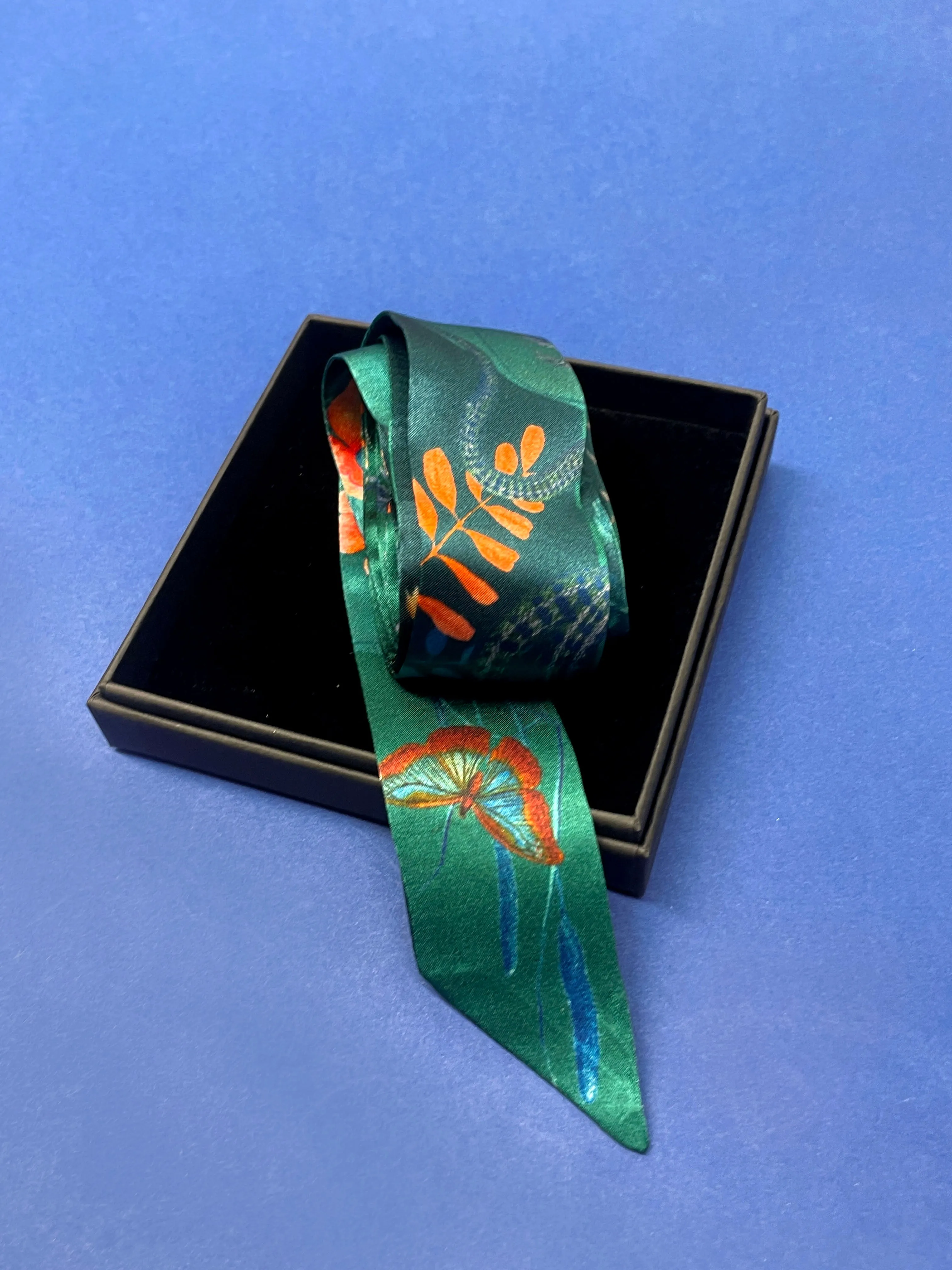 Teal Silk satin 'Morpho' Ultra Skinny silk scarf with butterflies and flowers