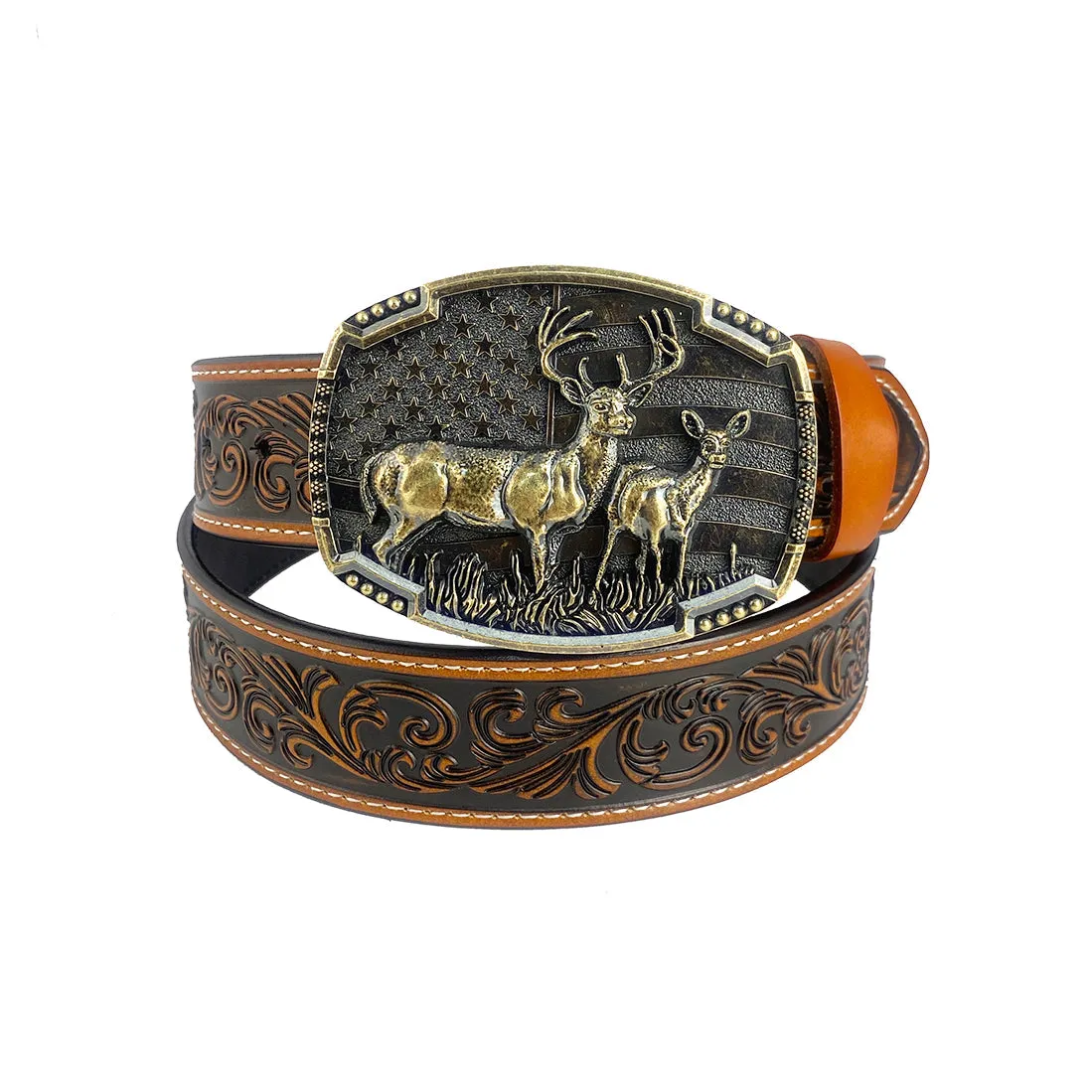 TOPACC Western Genuine Leather Pattern Tooled Belt-Deer American Flag Belt Buckle Copper/Bronze