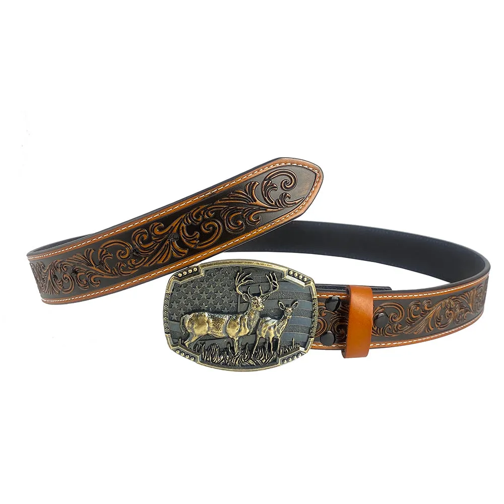 TOPACC Western Genuine Leather Pattern Tooled Belt-Deer American Flag Belt Buckle Copper/Bronze