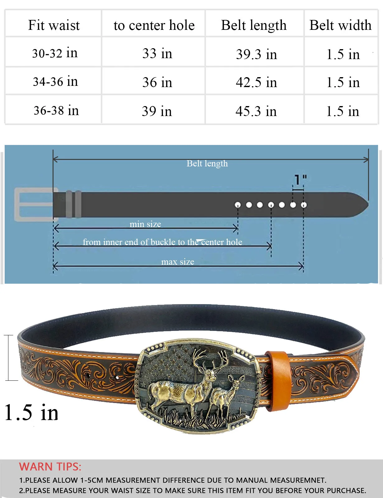 TOPACC Western Genuine Leather Pattern Tooled Belt-Deer American Flag Belt Buckle Copper/Bronze